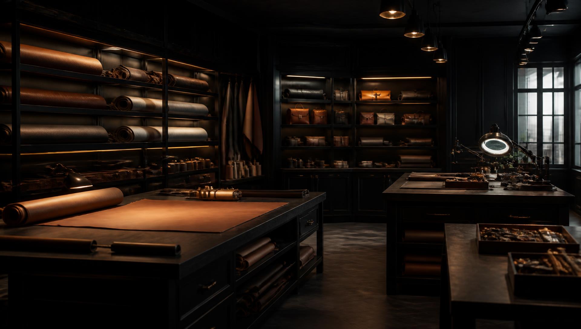 Premium manufacturing atelier with materials and inspection stations