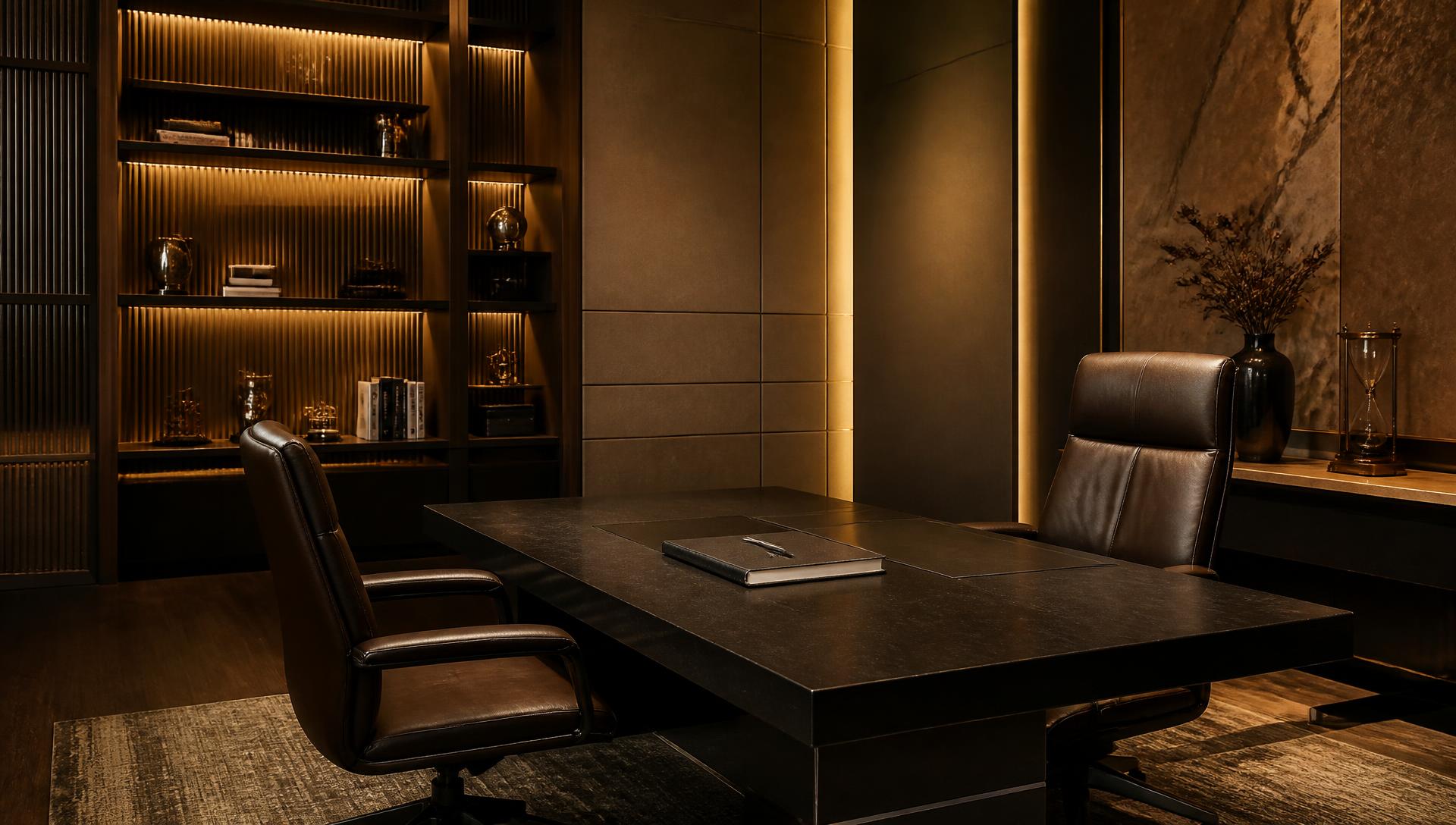 Private consultation room with executive desk and planning notebook