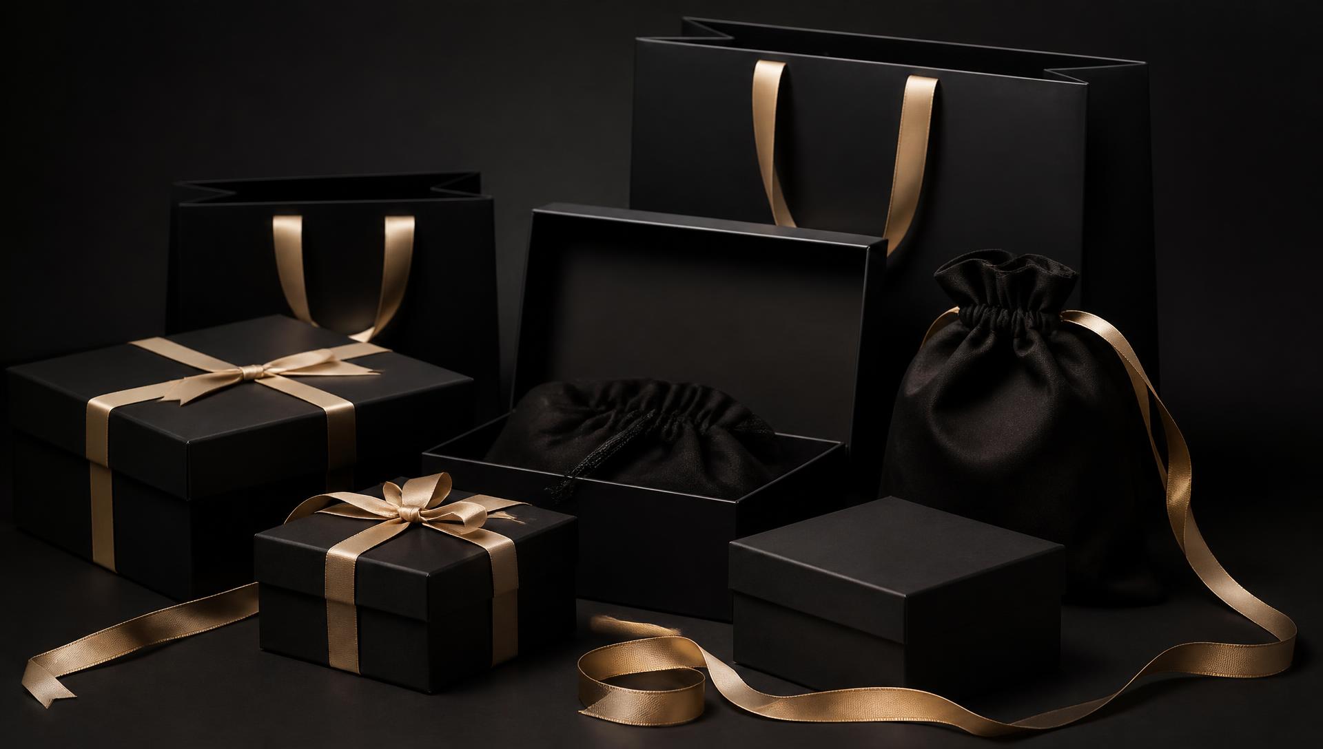 Premium black boxes, dust bags and shopping bags arranged with gold ribbon